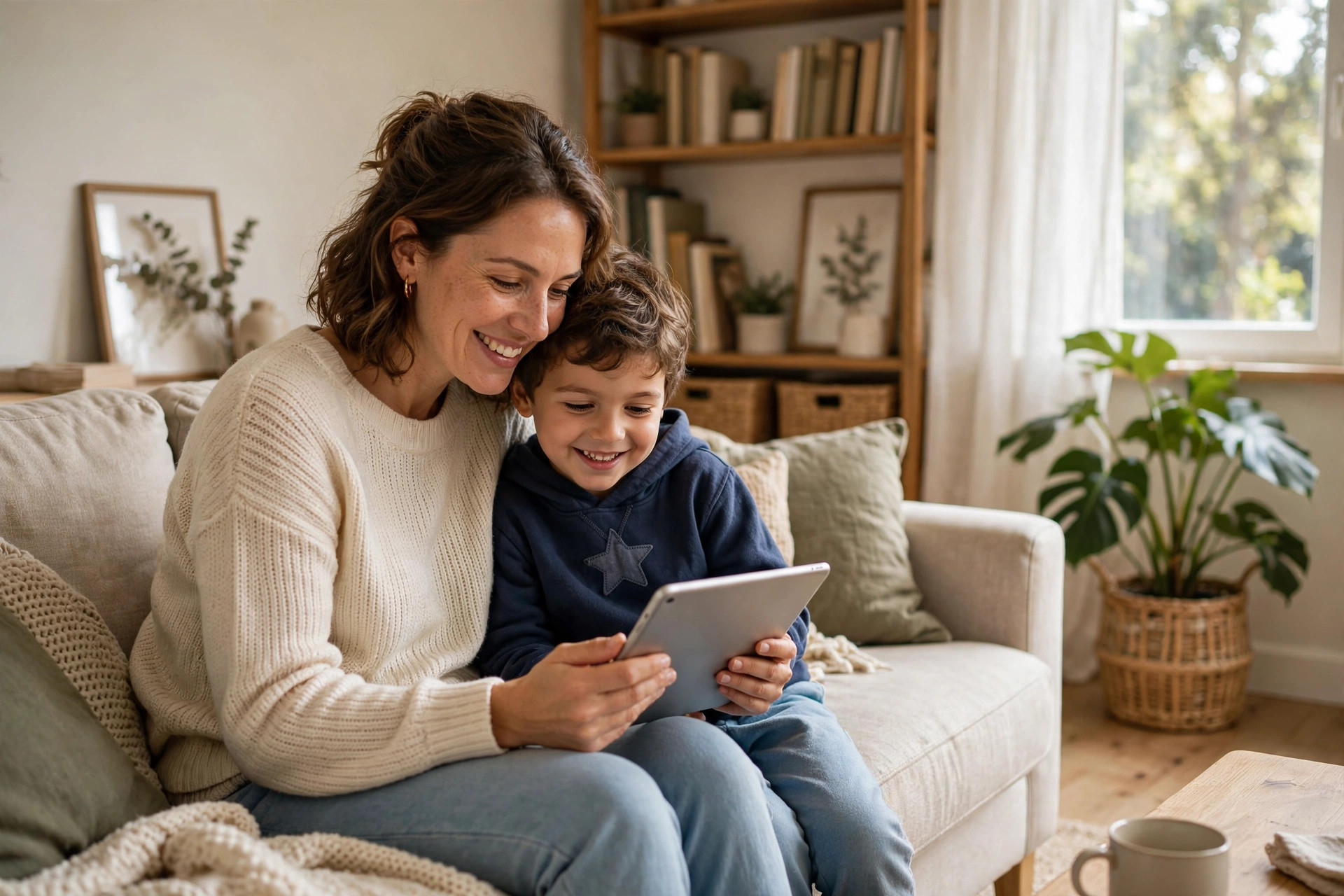 A parent and child sharing a tablet together on the sofa at home