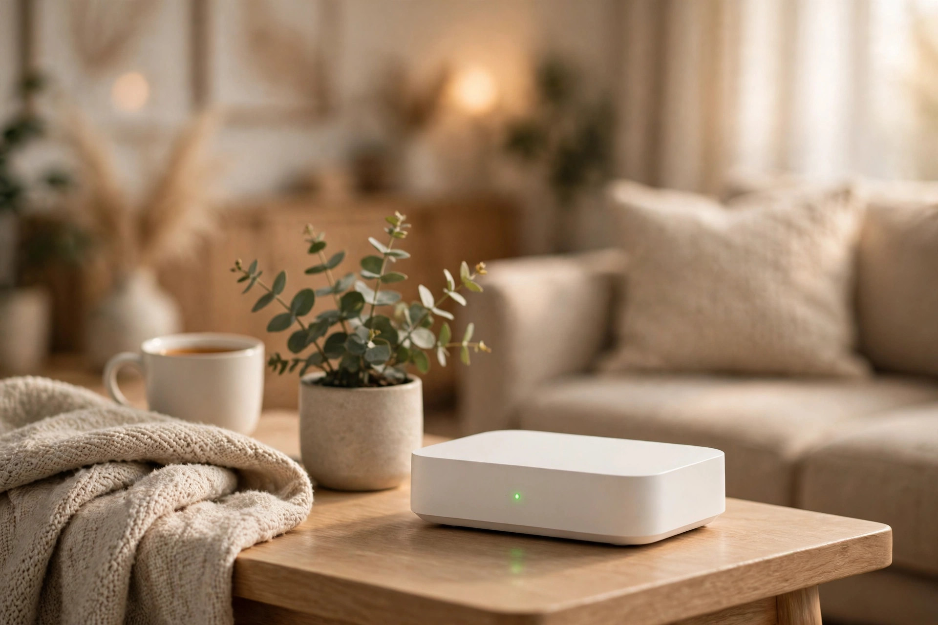 The SnugNet router on a side table in a cozy living room