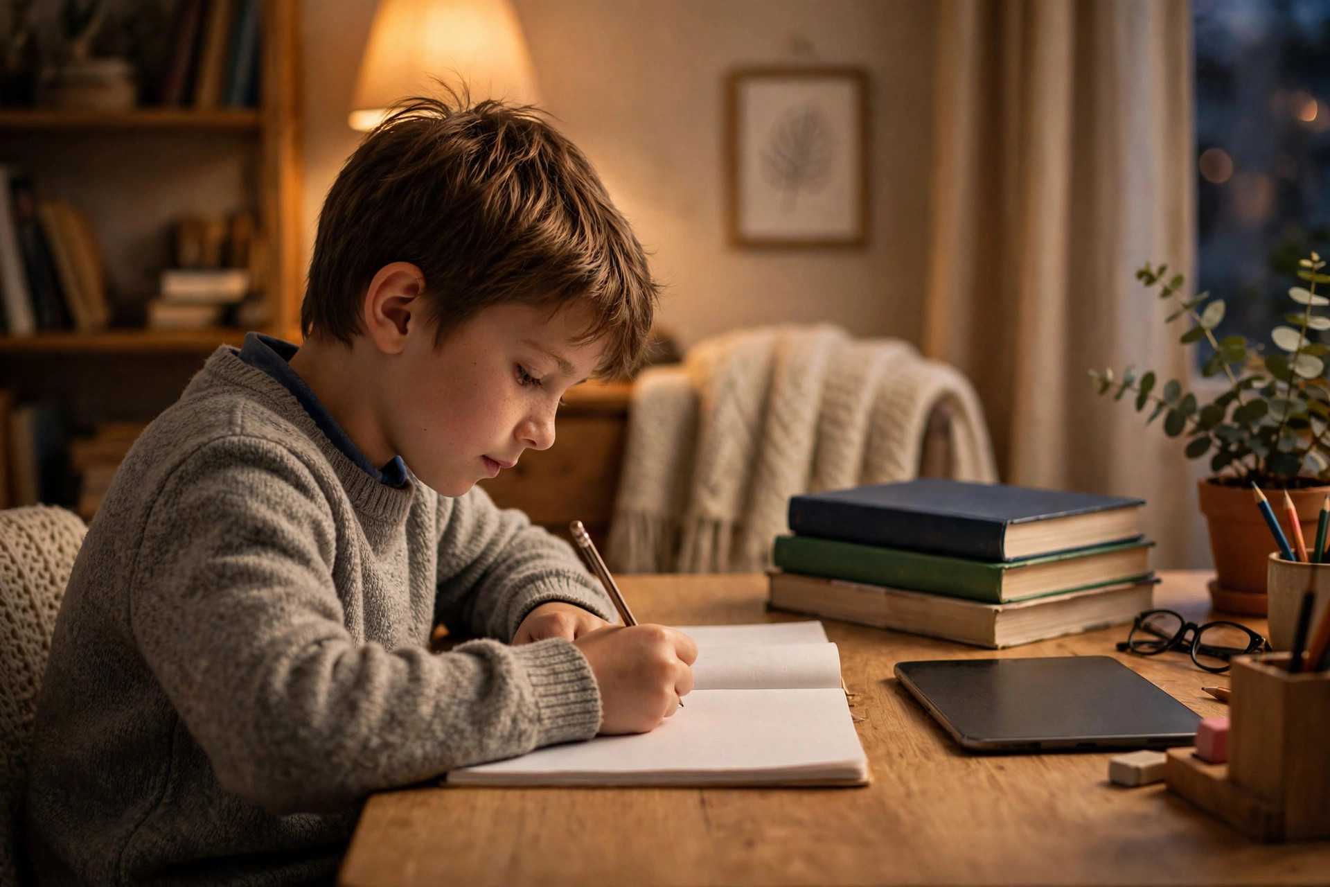 A child focused on homework while entertainment is paused